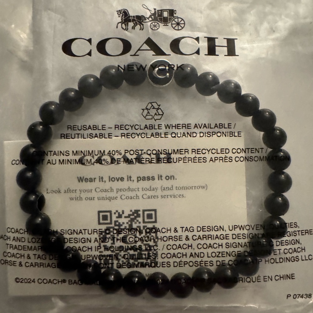 NWT Coach Unisex/Mens Black beaded bracelet with stainless Emblem